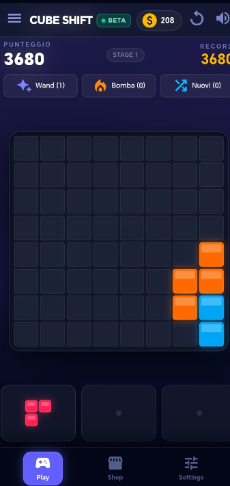 Schermata di gioco di Cube Shift, con griglia e pezzi arancioni e azzurri
